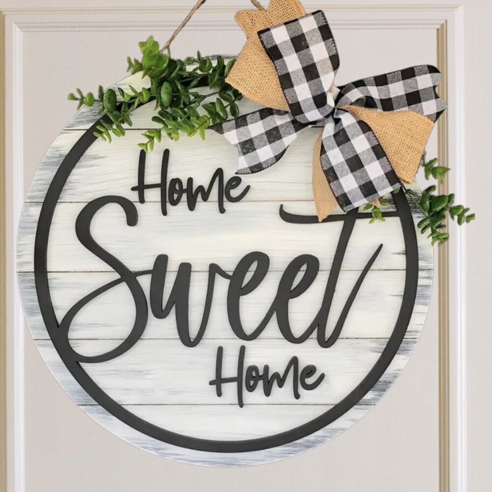 Home Sweet Home Front Door Hanging Sign with Buffalo Check Bow Farmhouse Shiplap